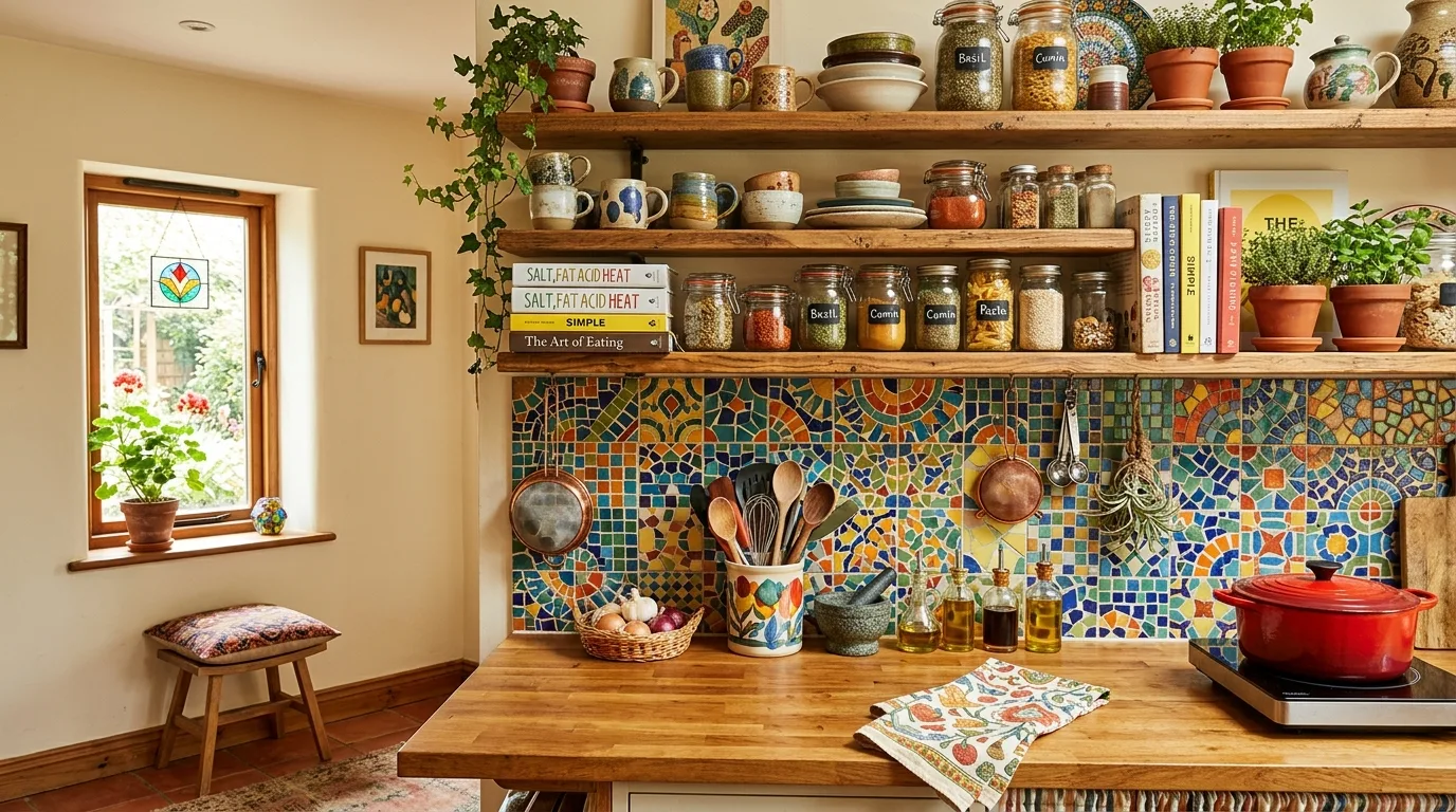 Let metallic accents support the tile tone inspiration for a kitchen backsplash zone.